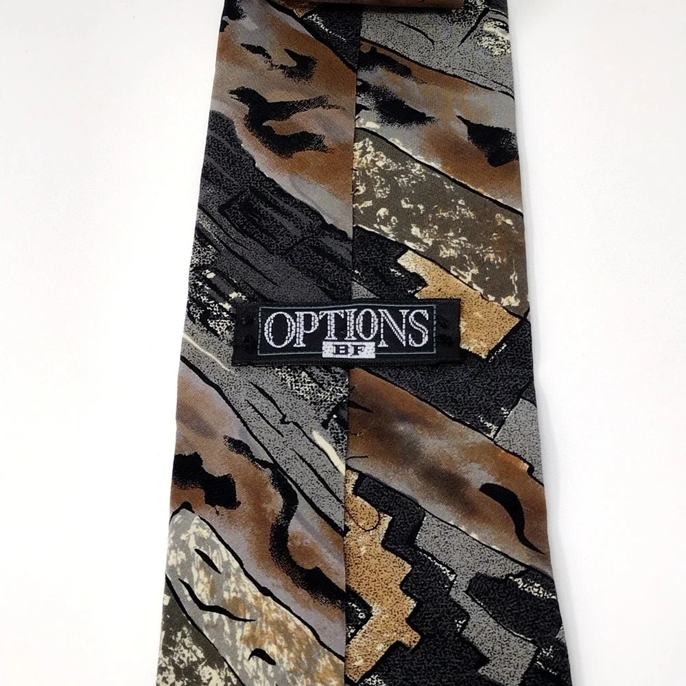 VTG 90s Options Bristol Fashions Tie Abstract Geometric Earth Tone‎ Brown Gray